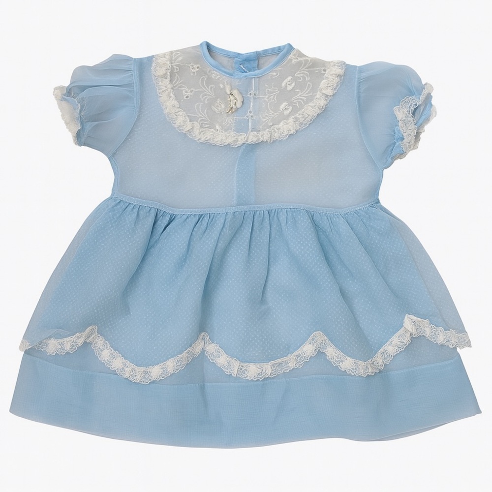 Vintage Baby Blue Sheer Dress With Embroidered Collar